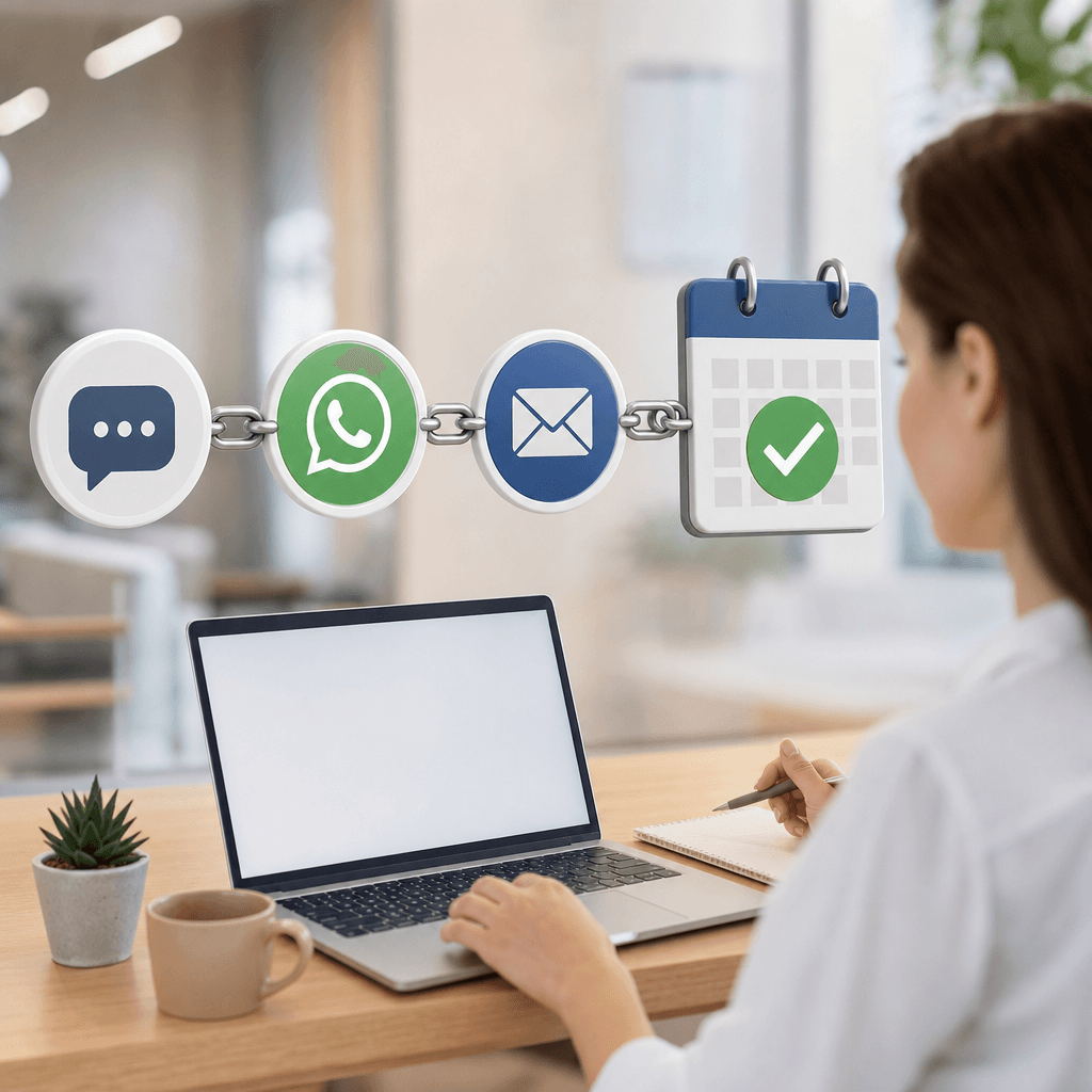 Infografik mit drei Kanälen (SMS, WhatsApp, E-Mail) als verbundene Kette, die zu einem Kalender mit grünem Häkchen führt