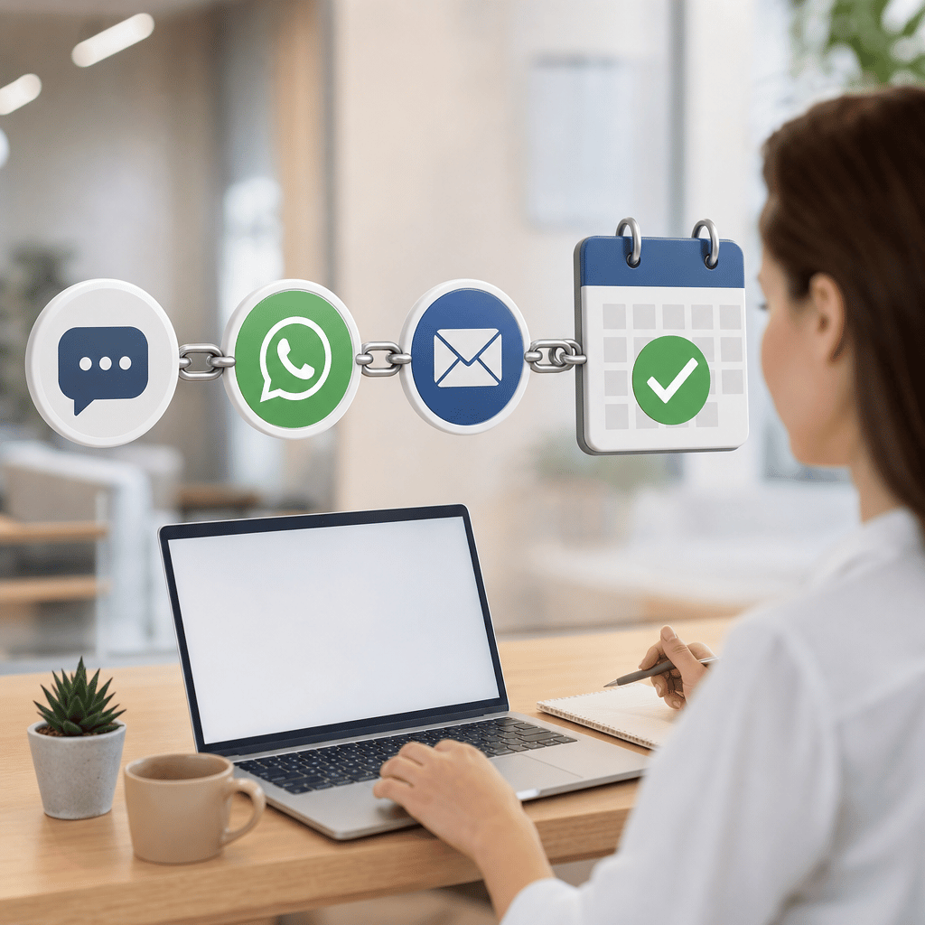 Infografik mit drei Kanälen (SMS, WhatsApp, E-Mail) als verbundene Kette, die zu einem Kalender mit grünem Häkchen führt