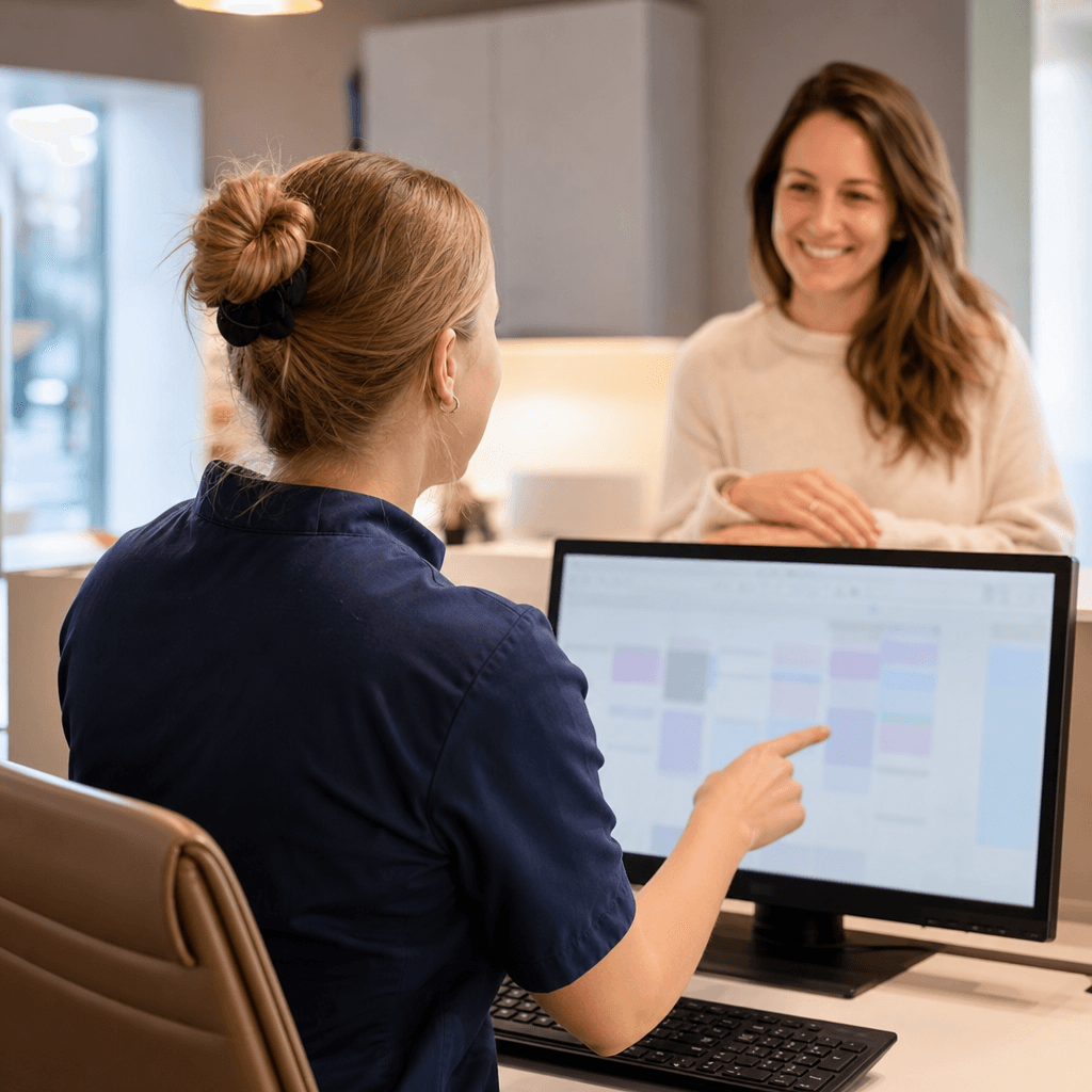 En receptionist vid en datorskärm som visar ett tidsschema där en lucka just fyllts av en ny bokning, med en nöjd patient i bakgrunden