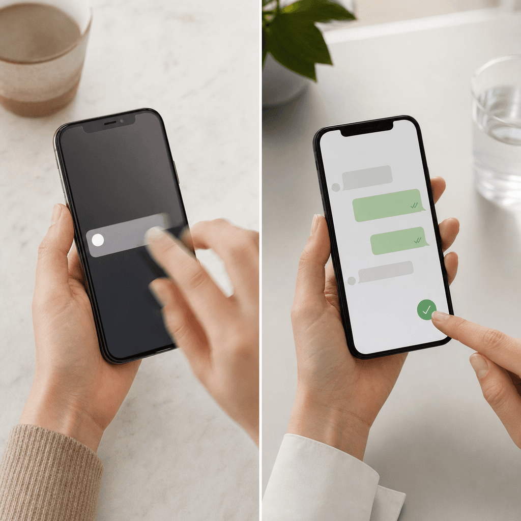 Illustratie van een smartphone met een eenzame SMS-notificatie die wordt weggeveegd, versus een WhatsApp-conversatie met actieve bevestigingsknop en leesbevestiging