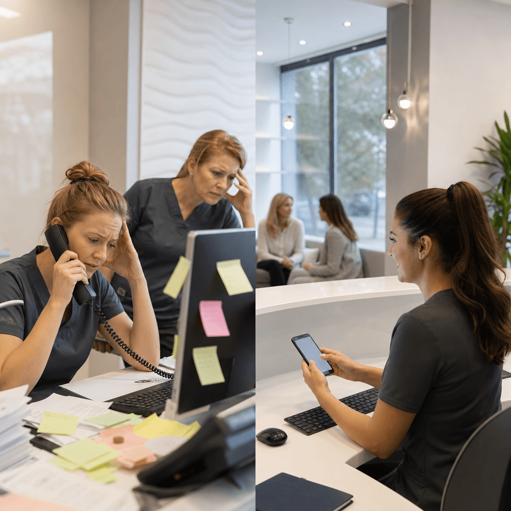 Split-screen illustratie: links een gestrest balieteam met telefoons die rinkelen en post-its, rechts een rustig baliescherm met WhatsApp-threads en groene vinkjes bij bevestigde afspraken