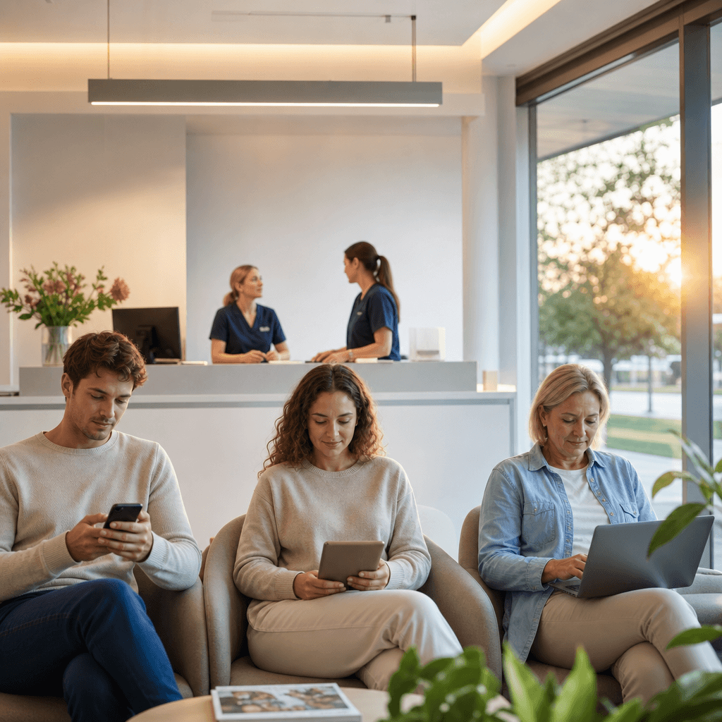 Schematische weergave van drie patiëntprofielen met elk een ander communicatiekanaal (SMS, e-mail, app) en bijbehorende tijdstip-indicatie
