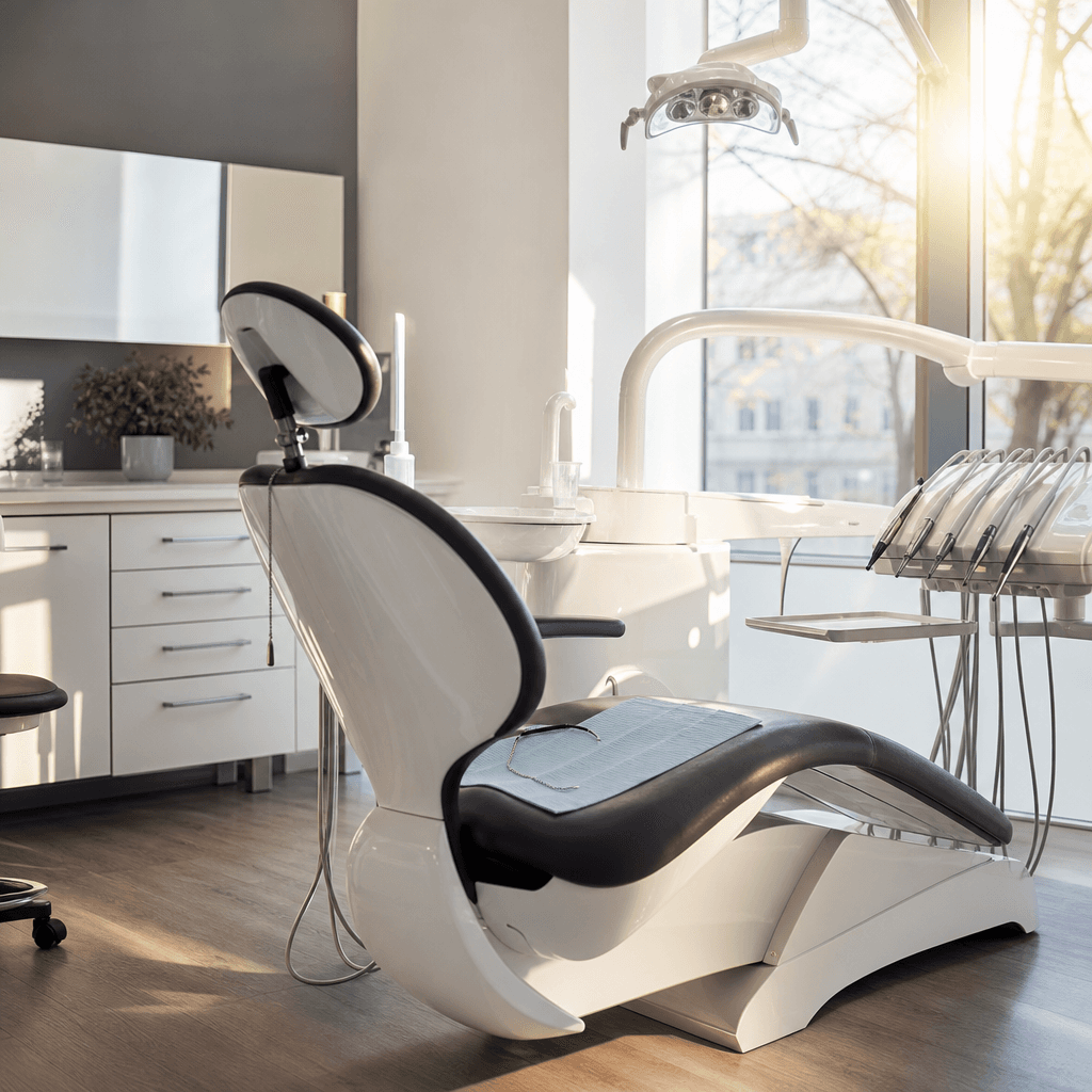 Tom behandlingsstol i en moderne tandklinik med sollys fra vinduet, der symboliserer den patient der ikke dukkede op