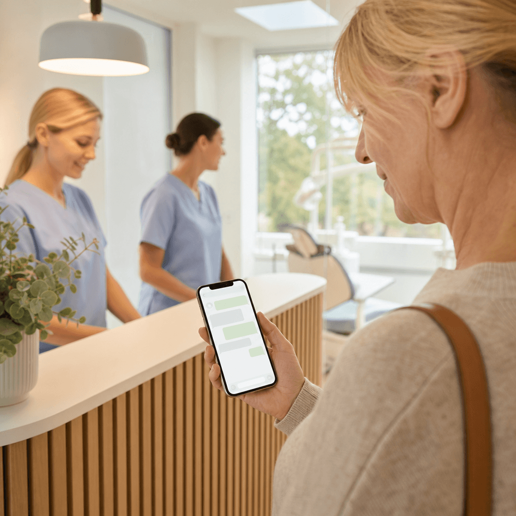 Smartphone der viser en WhatsApp-samtale med en tandklinik, hvor patienten bekræfter en tid med et enkelt svar