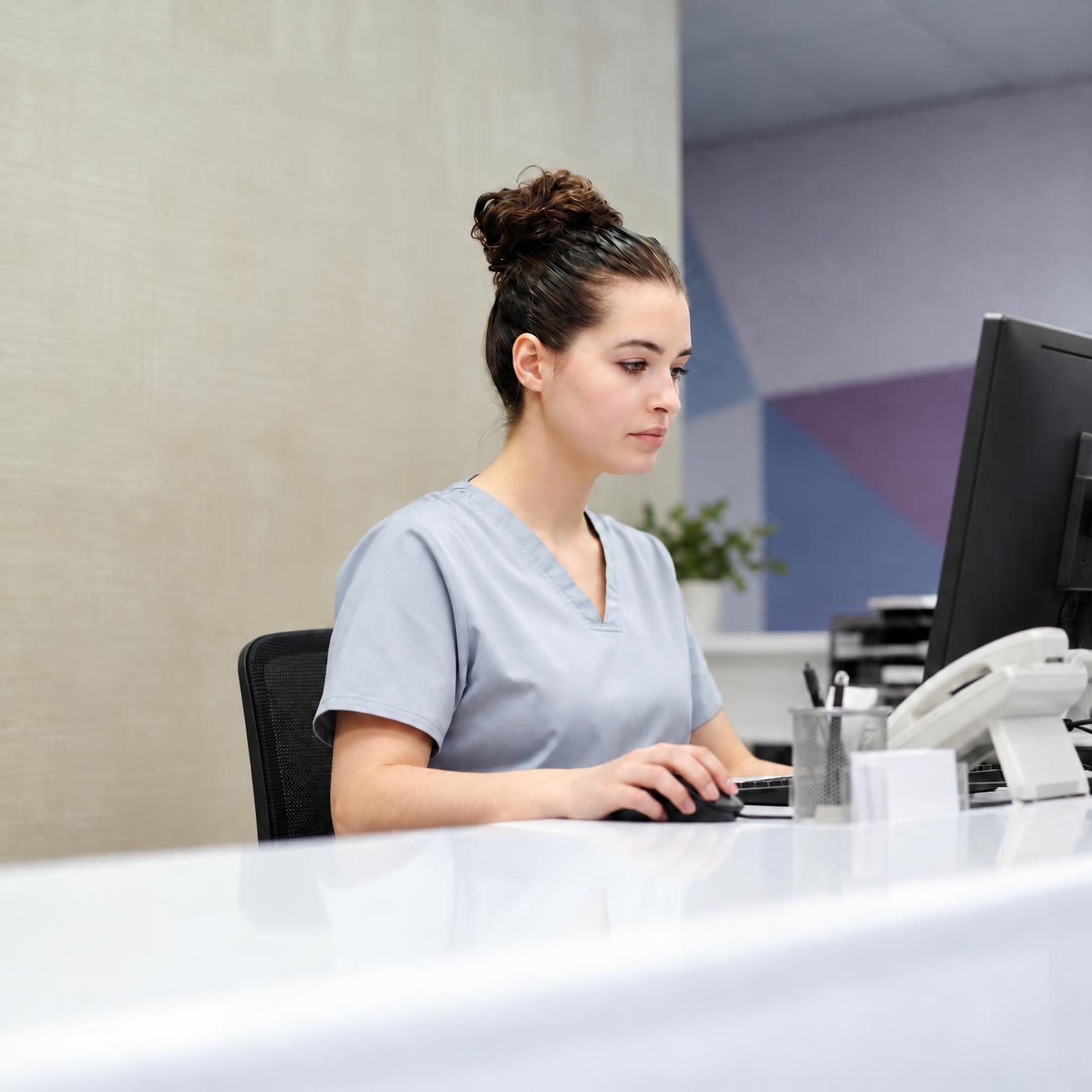 A receptionist checks the appointment schedule at the practice front desk